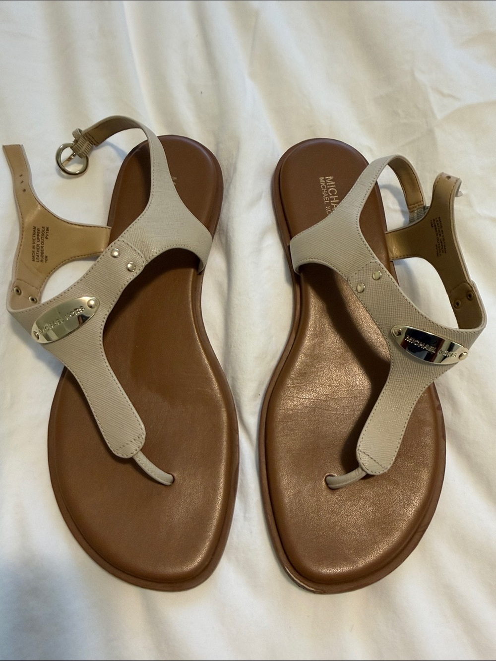 Michael Kors Taupe Leather T-Strap Sandals with Brown Footbed